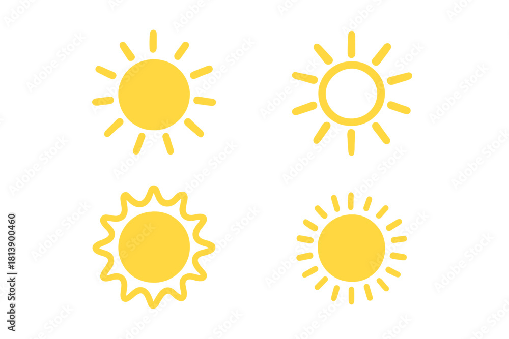 Fototapeta premium Four stylized yellow sun symbols representing weather, summer, and heat