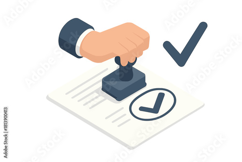 Hand stamping document with rubber stamp showing approval checkmark on paper