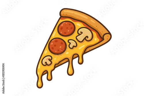 Appetizing slice of pepperoni and mushroom pizza with dripping melted cheese