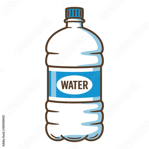 Cartoon illustration of a plastic water bottle with a blue cap and a label reading water, isolated on