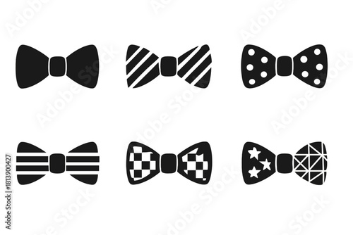 Collection of black bow tie silhouettes with various patterns for formal wear