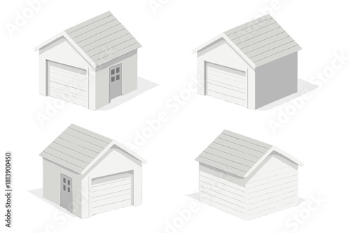 Four different isometric icons of residential garages and small storage sheds