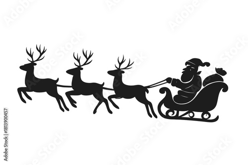 Black silhouette of Santa Claus riding a Christmas sleigh pulled by three flying reindeer
