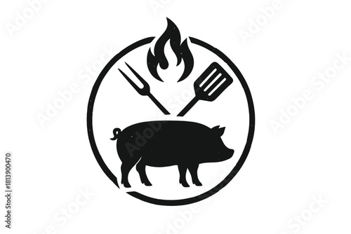 Classic monochrome emblem of a hog with crossed spatula and fork under a flame