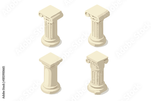 Isometric set of classical architectural columns and pedestals with various capital styles