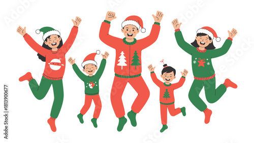 Joyful Family Christmas Jump: A cheerful family embraces the spirit of Christmas, jumping in unison with their arms raised, spreading holiday joy and togetherness.