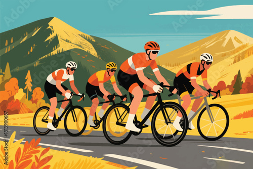 Vector illustration of four cyclists riding on mountain road with autumn trees and scenic landscape.