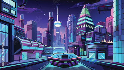 Futuristic neon cityscape vector illustration ai generated art