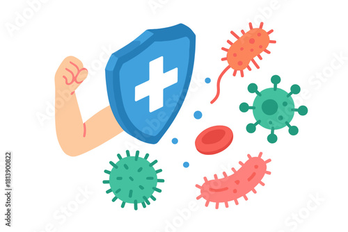 Immune system defense concept with shield protecting against pathogens and germs