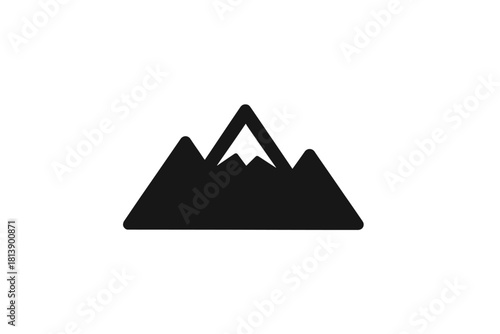 Minimalist black silhouette icon of mountain peaks and snowy summit on clean white background