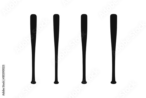 Four black baseball bats standing vertically in a row on a white background