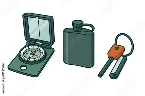 Navigation compass, metal flask, and fire starter tool for essential outdoor survival kit