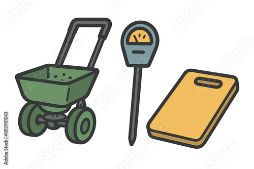 Set of essential gardening tools including fertilizer spreader, soil meter, and kneeling pad