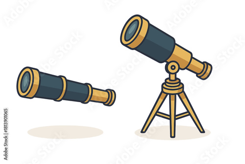 Set of two antique brass telescopes, including a handheld spyglass and a tripod mounted scope