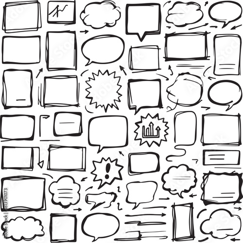 Hand-drawn sketchy frames, speech bubbles, and arrows collection for creative design, informal annotations, and dynamic visual communication projects