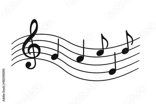 Wavy musical staff with treble clef and black notes isolated on a clean white background