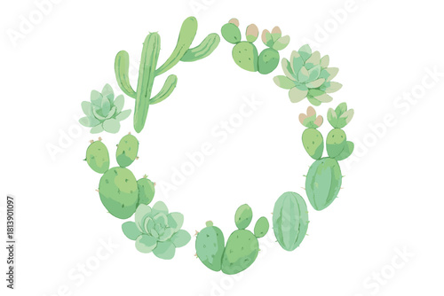 Watercolor style circular frame of green desert cacti and succulent plants