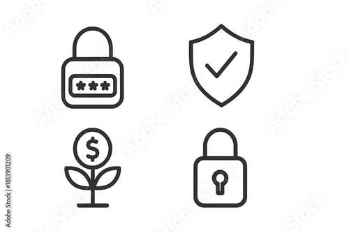 Digital security, financial growth, and data protection outline symbols