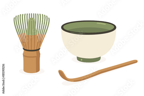 Traditional Japanese matcha tea ceremony tools with bamboo whisk scoop and ceramic bowl
