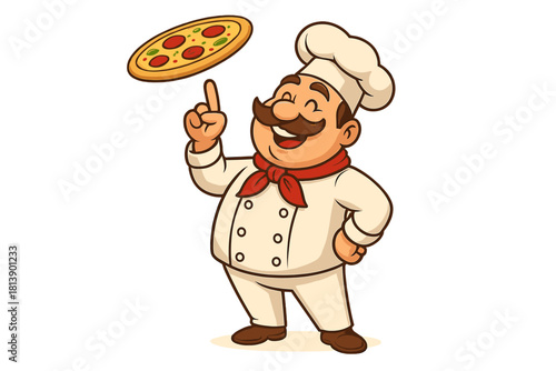 Smiling cartoon chef character tossing fresh pizza dough high above his head