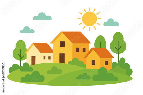 Bright suburban landscape with yellow houses on green rolling hills under a sunny sky