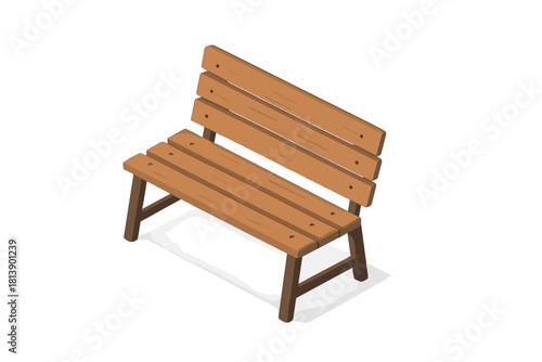 Brown wooden slat bench with backrest presented in an isometric perspective