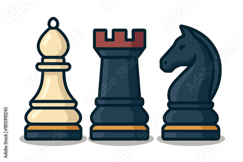Modern flat design of three essential chess pieces: Bishop, Rook, and Knight