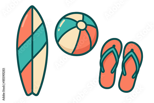 Summer beach vacation essentials set with surfboard, beach ball, and flip flops