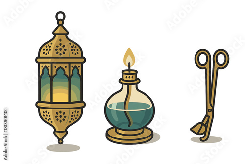 Ornate traditional lantern, vintage oil lamp with flame, and antique wick trimmer scissors collection