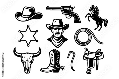 Traditional cowboy and Wild West icons including hat, revolver, horse, and sheriff badge