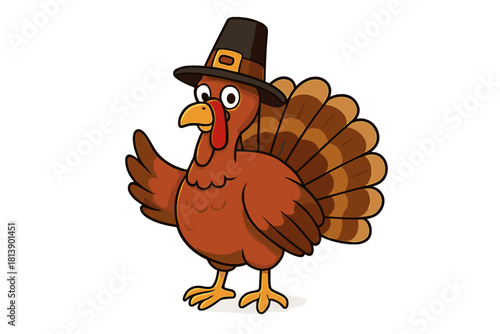 Cute turkey mascot wearing a traditional pilgrim hat for Thanksgiving celebration