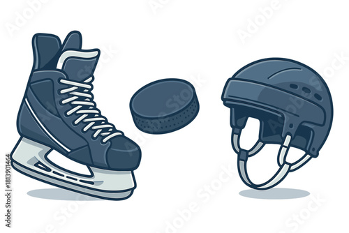 Ice hockey essential equipment set featuring protective helmet, rubber puck, and professional skate boot