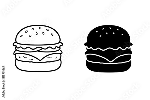 Simple black and white hamburger icon set outline and solid silhouette