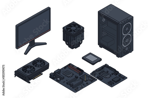 Essential desktop computer hardware components displayed in an isometric style