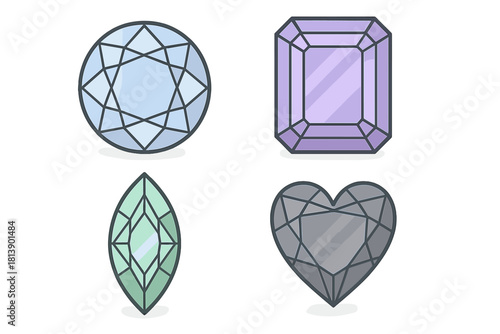 Four colorful faceted gemstones in various shapes and cuts isolated on white