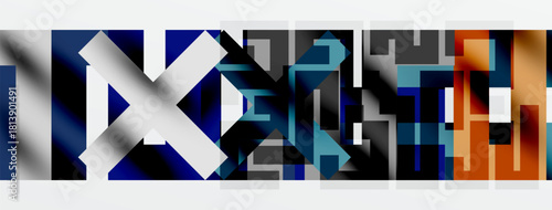 Abstract graphic design features fragmented text, bold colors, geometric shapes. Composition evokes digital art, modern aesthetic.