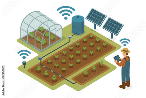 Farmer controlling smart farming system featuring wireless technology, irrigation, and solar power