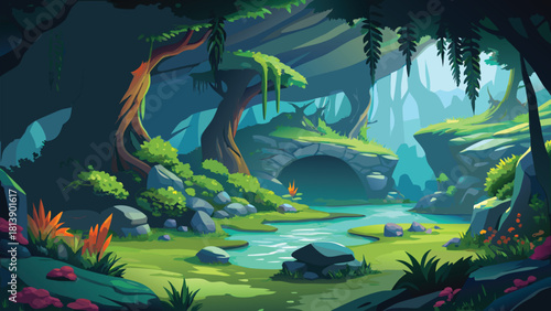 Early morning glow over a dense tropical forest filled with tall trees vector illustration ai generated art