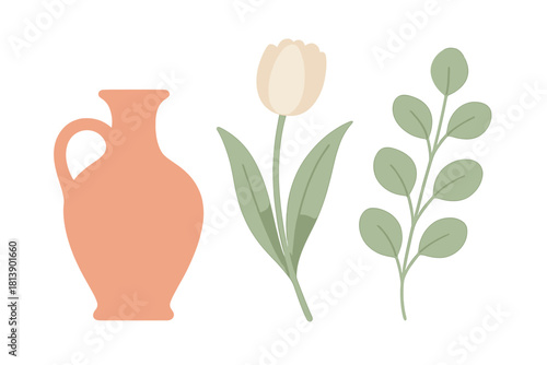 Minimalist set of terracotta vase, delicate white tulip flower, and green foliage branch