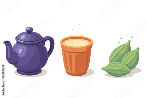 Traditional Indian Masala Chai ingredients, teapot, kulhad cup, and cardamom pods composition