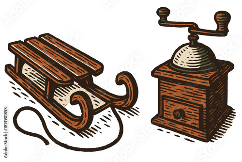 Vintage wooden sled and antique coffee grinder in rustic woodcut style