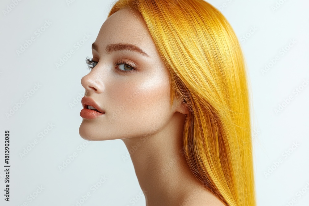 Naklejka premium A captivating close-up portrait of a woman with stunning golden hair and fair skin. The neutral background emphasizes her natural beauty and features.