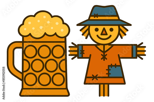 Cheerful scarecrow character standing next to a stylized beer stein overflowing with foam