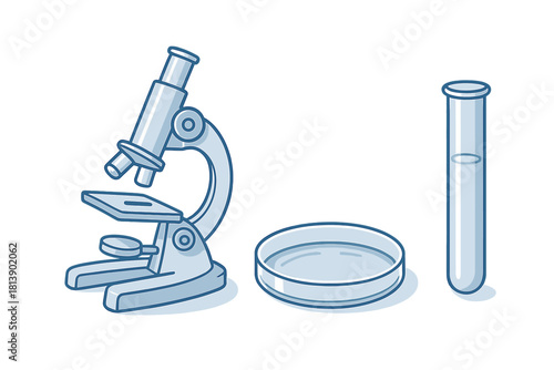 Scientific research tools featuring a microscope, petri dish, and test tube for biological experiments