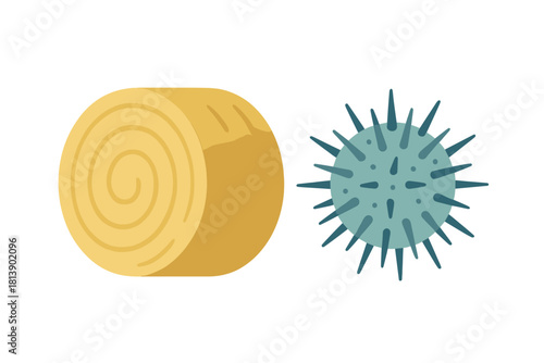 Hay bale next to virus particle symbolizing agricultural contamination risk