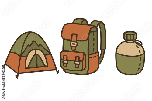 Essential outdoor camping and hiking equipment set with tent backpack and canteen