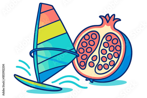 Colorful windsurfing sail and fresh halved pomegranate fruit arranged together