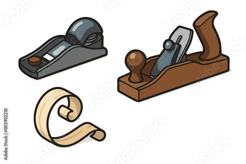 Classic woodworking hand tools, including a block plane, smoothing plane, and wood shaving