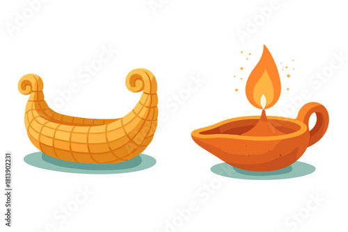 Ancient woven boat and glowing terracotta oil lamp set on white background