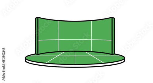 Curved green screen stage with grid lines illustration.